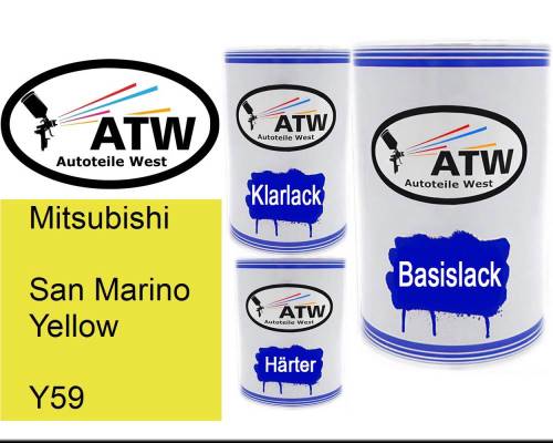 Mitsubishi, San Marino Yellow, Y59: 500ml Lackdose + 500ml Klarlack + 250ml Härter - Set, von ATW Autoteile West.